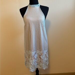 Sz 2 Missguided A line shift dress blue crocheted lace overlay with nude NWT